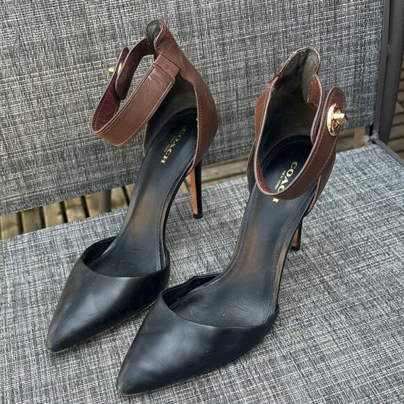 Coach Housten Black and Brown Women's Ankle Strao Heels - Picture 1 of 10